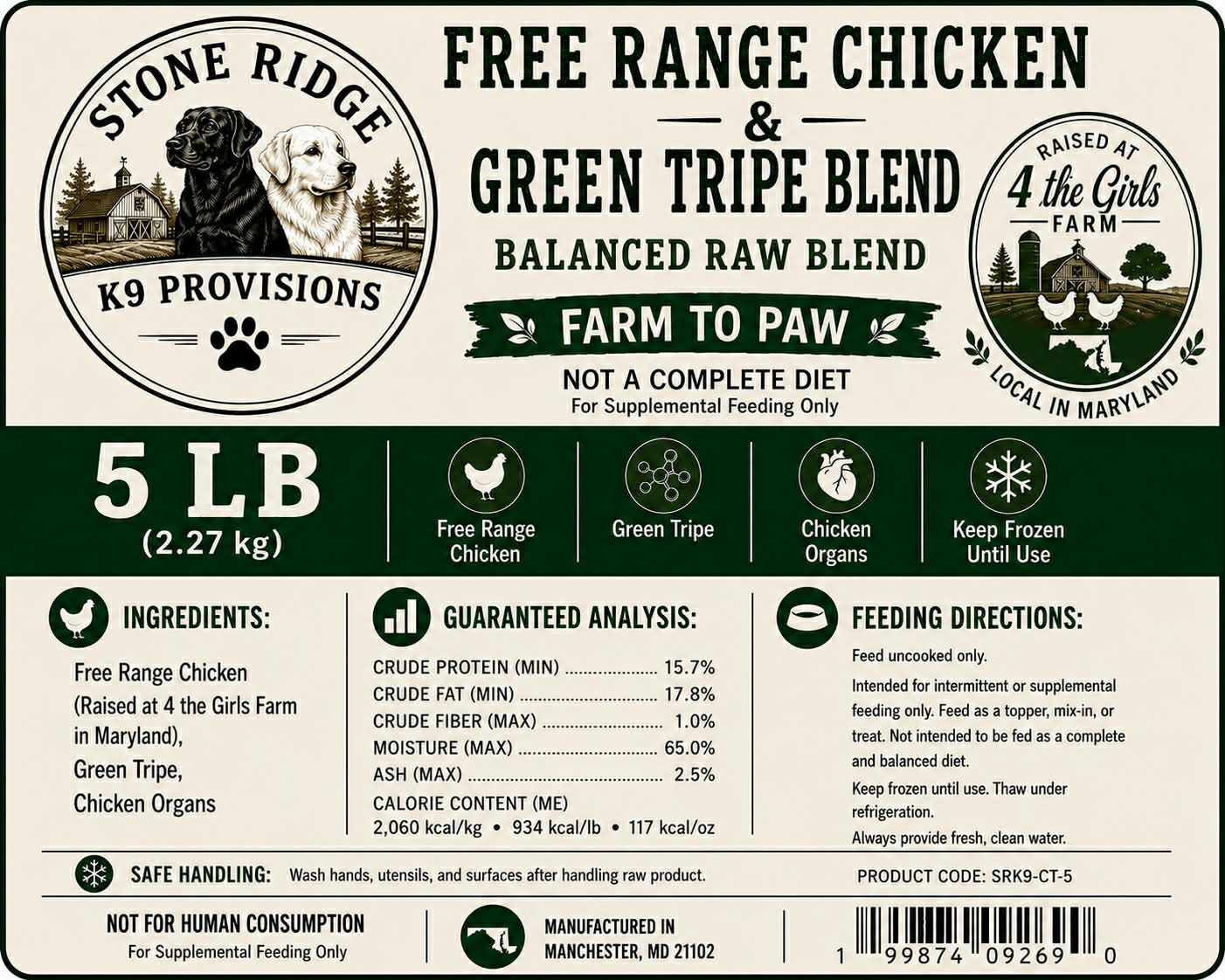 Free Range Chicken WITH Green Tripe RAW DOG FOOD 80/10/10