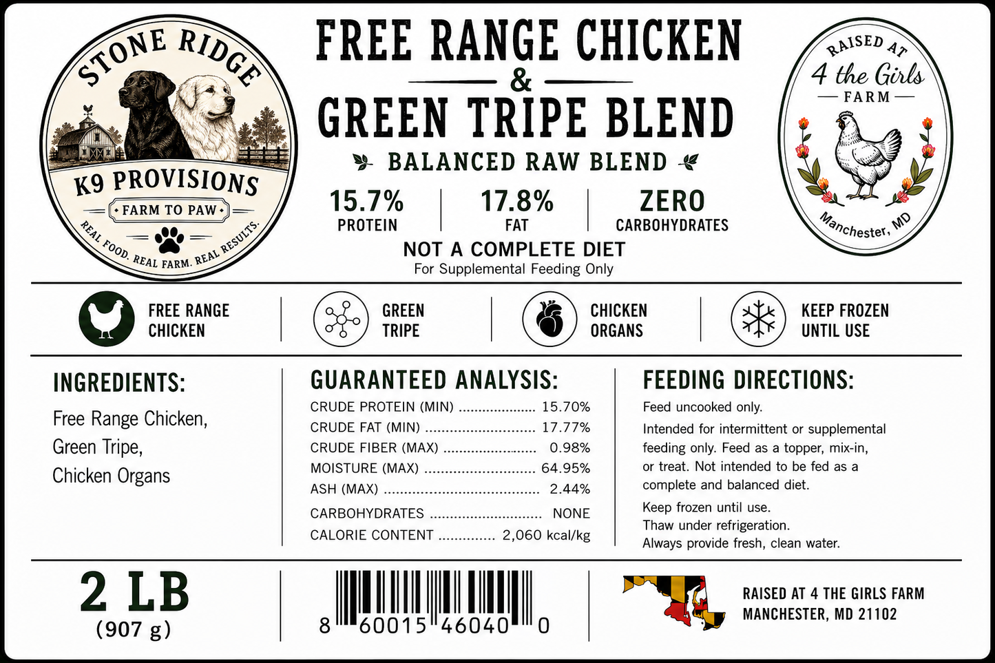Free Range Chicken WITH Green Tripe RAW DOG FOOD 80/10/10